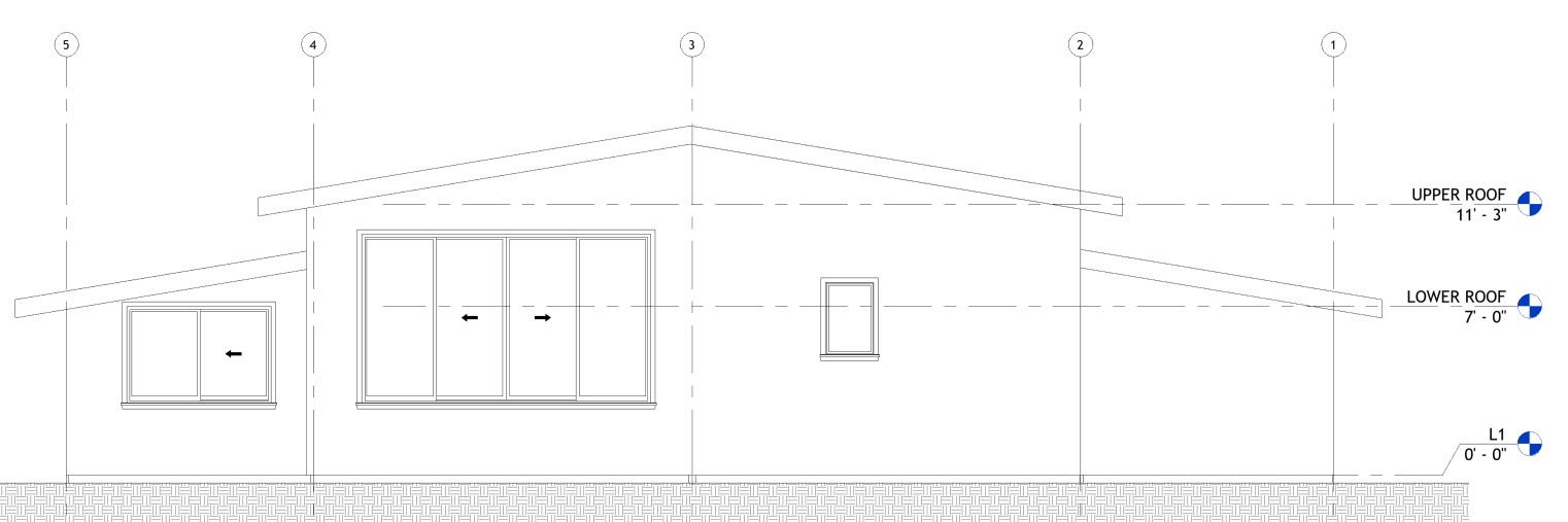 Rear elevation drawing of a 1133 sq ft 2-bedroom California ADU plan