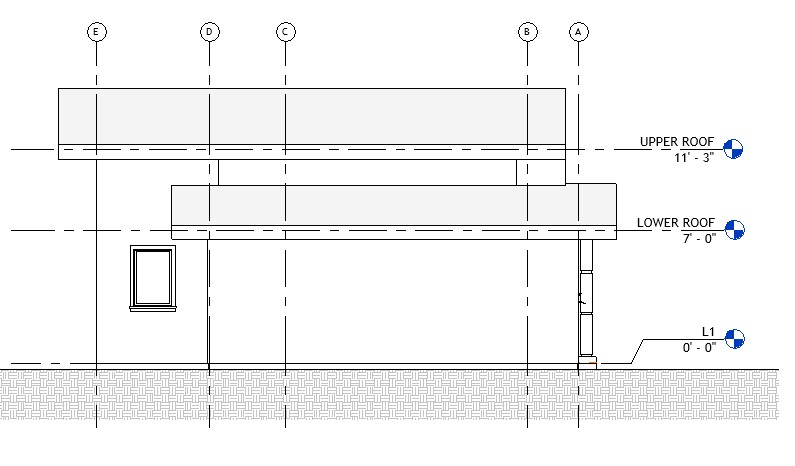 Right side elevation drawing of a 1133 sq ft 2-bedroom California ADU plan