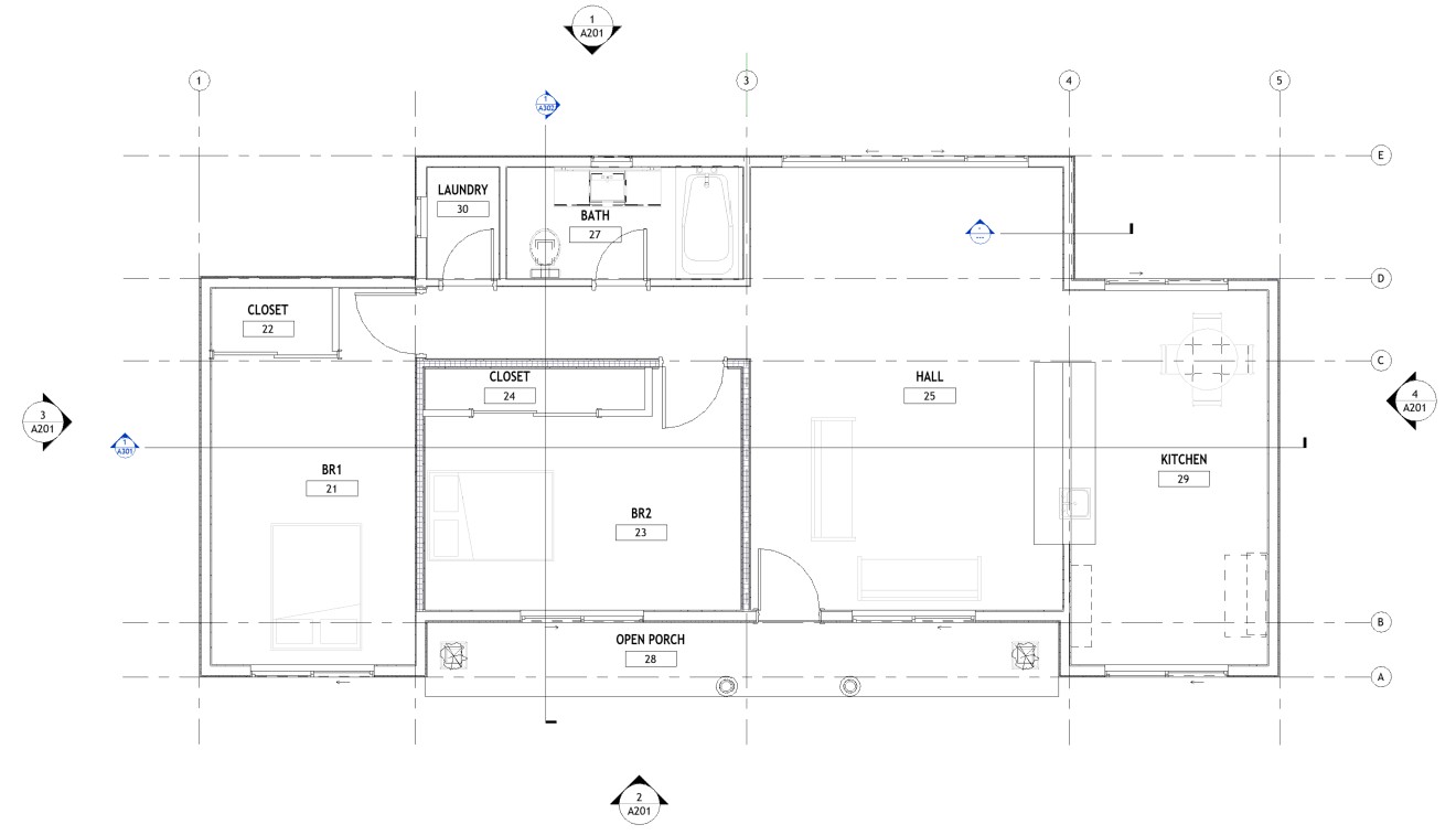 Floor plan layout of a 1133 sq ft 2-bedroom 1-story California ADU plan