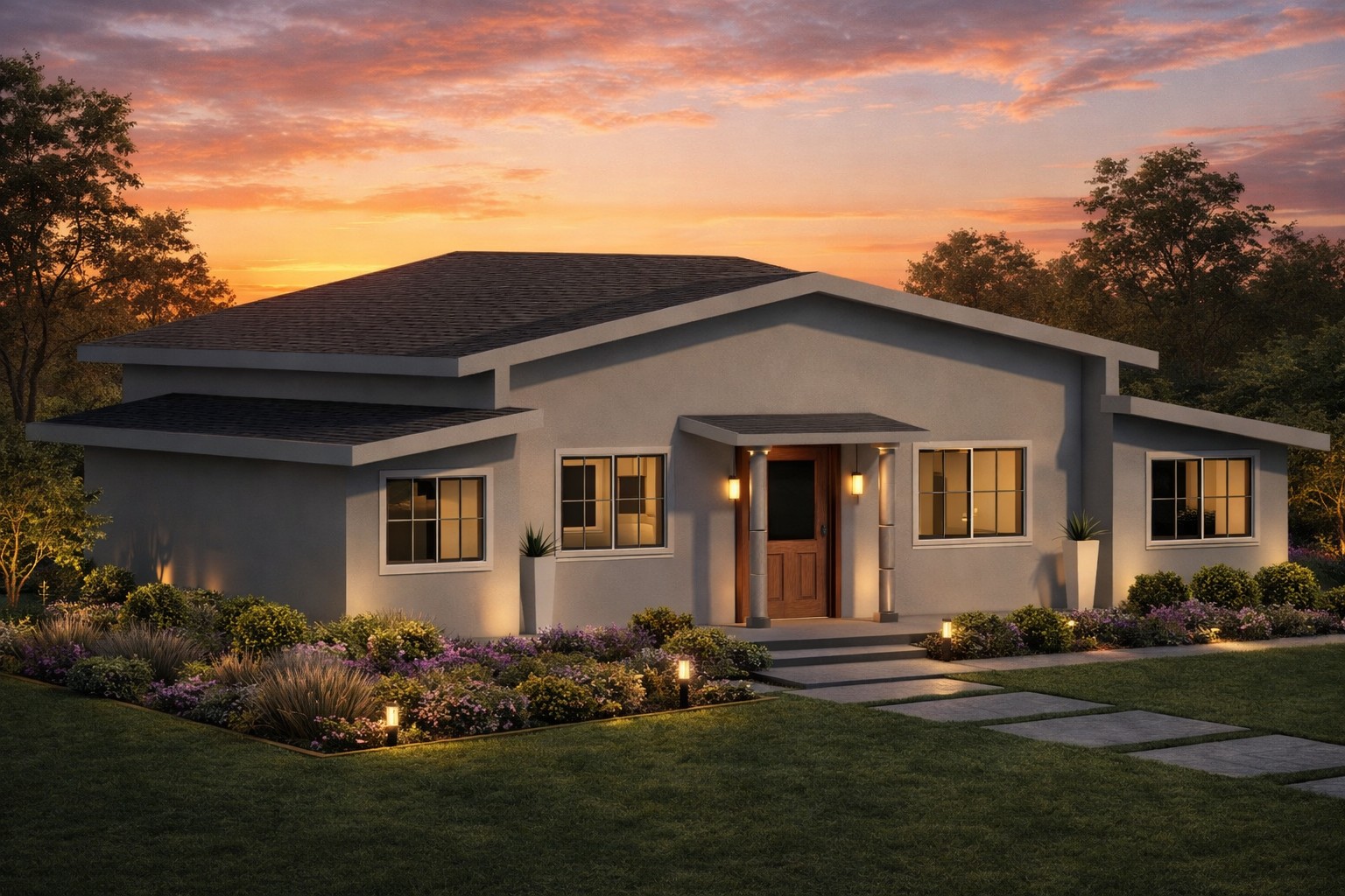 Front 3D isometric rendering of a 1133 sq ft 2-bedroom 1-story ADU plan in California