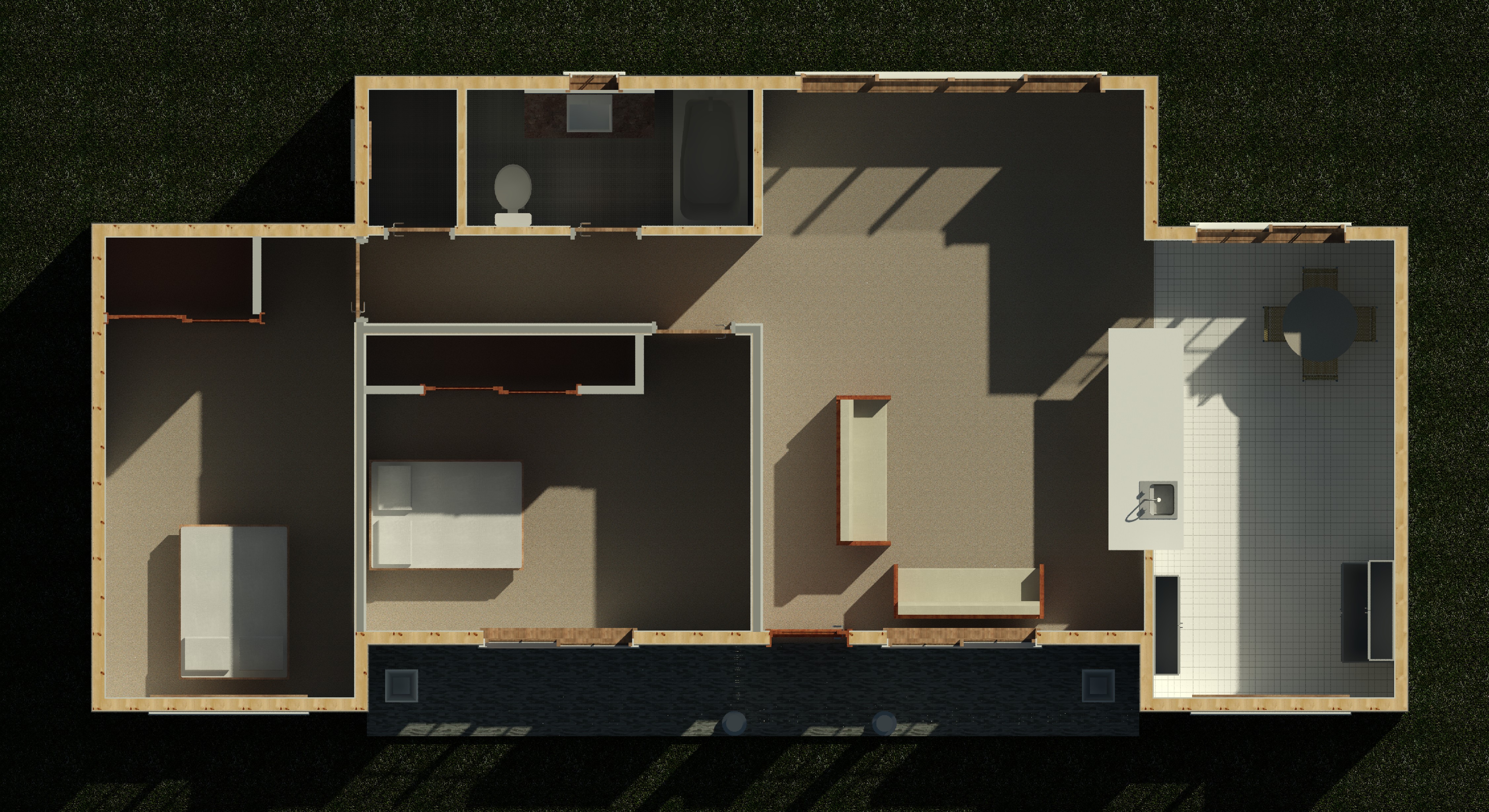 Interior cutaway showing wall partitions and layout of a 1133 sq ft 2-bedroom California ADU plan