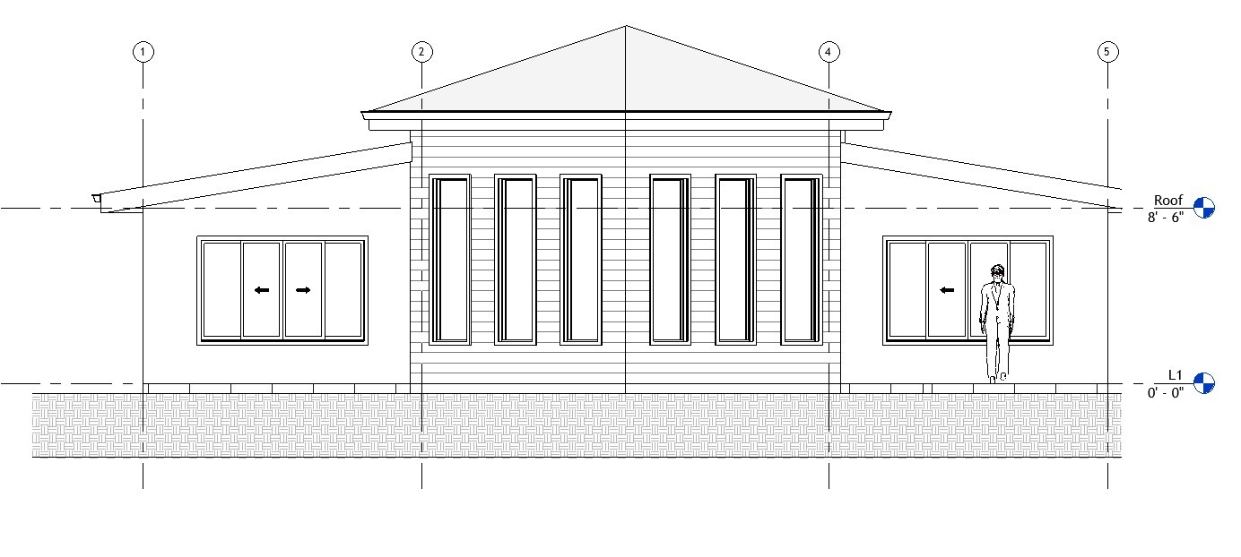 Front elevation drawing of a 1200 sq ft 2-bedroom California ADU plan