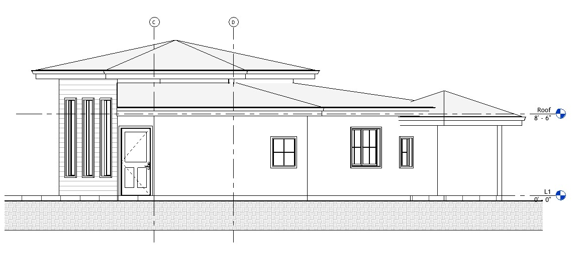 Left side elevation drawing of a 1200 sq ft 2-bedroom California ADU plan