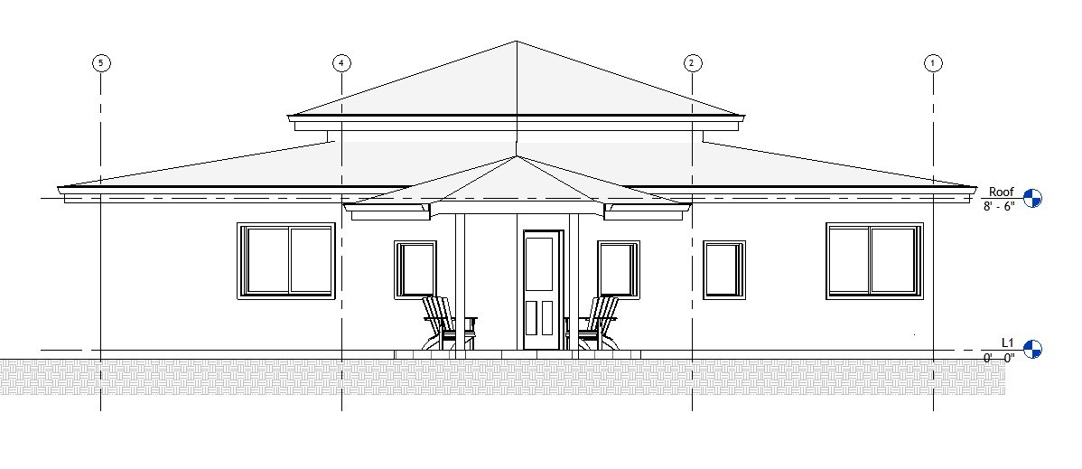 Rear elevation drawing of a 1200 sq ft 2-bedroom California ADU plan