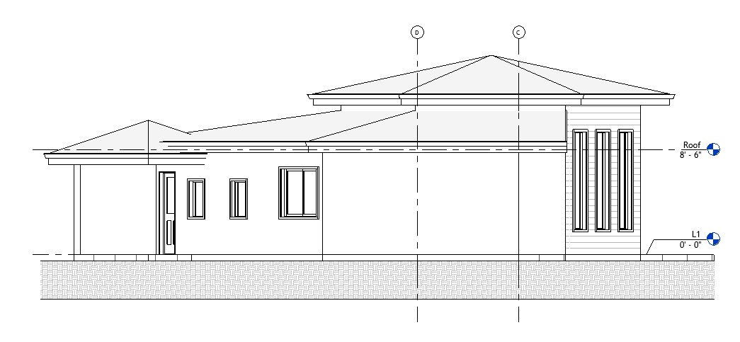 Right side elevation drawing of a 1200 sq ft 2-bedroom California ADU plan