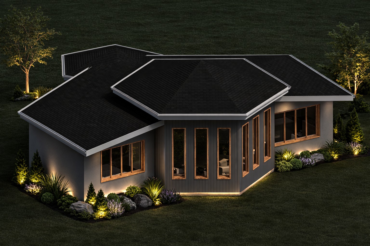Front 3D isometric rendering of a 1200 sq ft 2-bedroom 1-story ADU plan in California