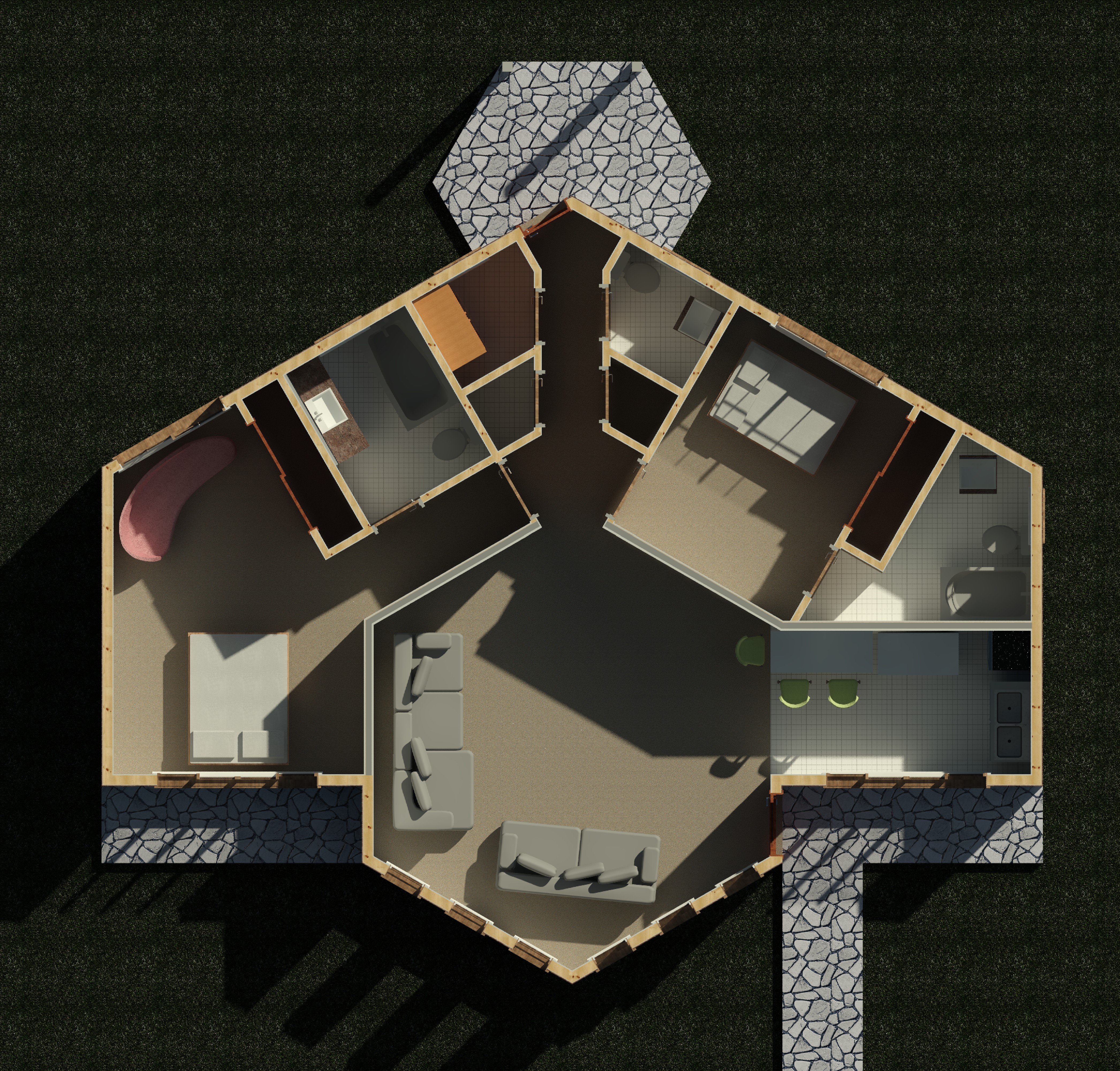 Interior cutaway showing wall partitions and layout of a 1200 sq ft 2-bedroom California ADU plan
