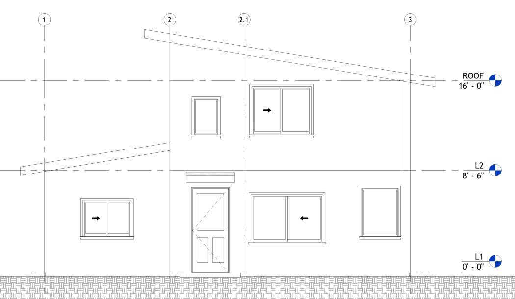 Front elevation drawing of a 1017 sq ft 1-bedroom 2-story California ADU plan