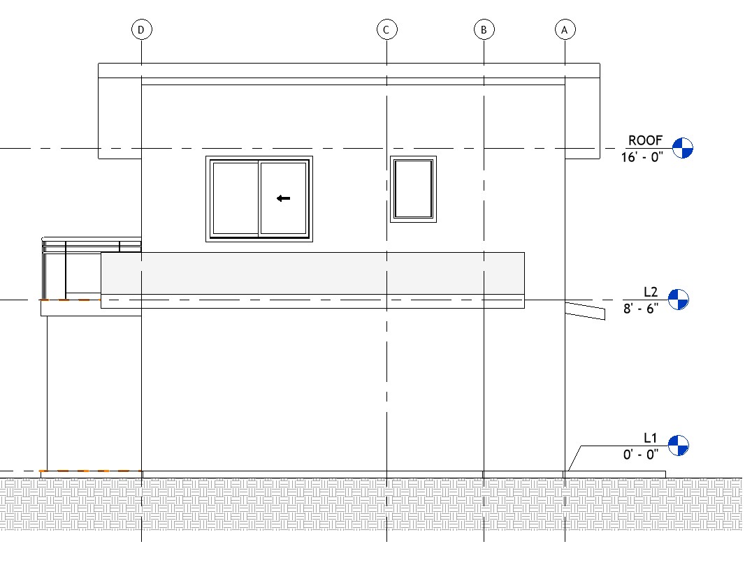 Left side elevation drawing of a 1017 sq ft 1-bedroom 2-story California ADU plan