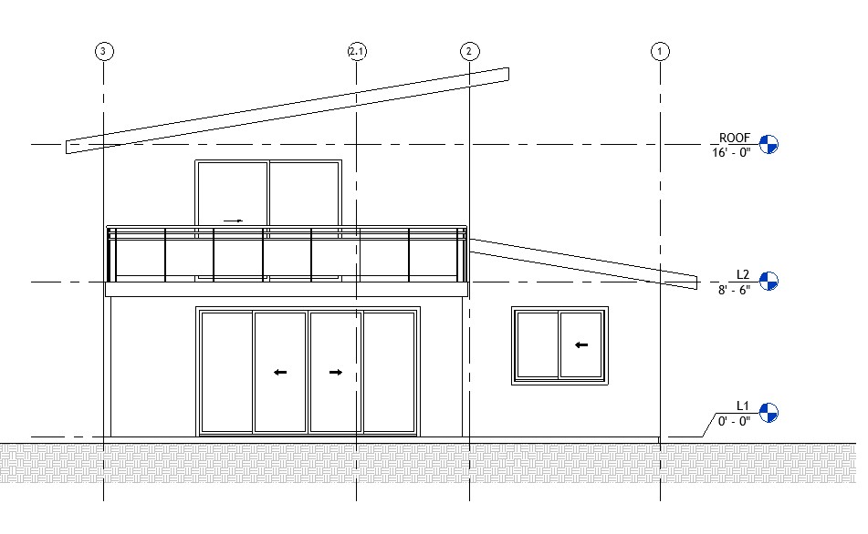 Rear elevation drawing of a 1017 sq ft 1-bedroom 2-story California ADU plan