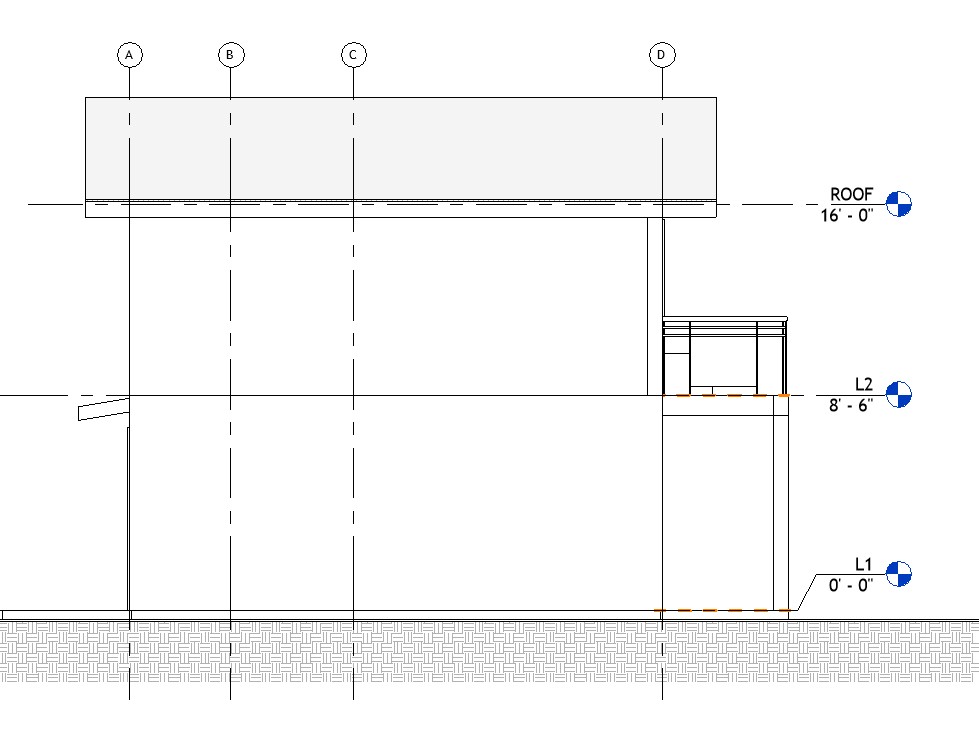 Right side elevation drawing of a 1017 sq ft 1-bedroom 2-story California ADU plan