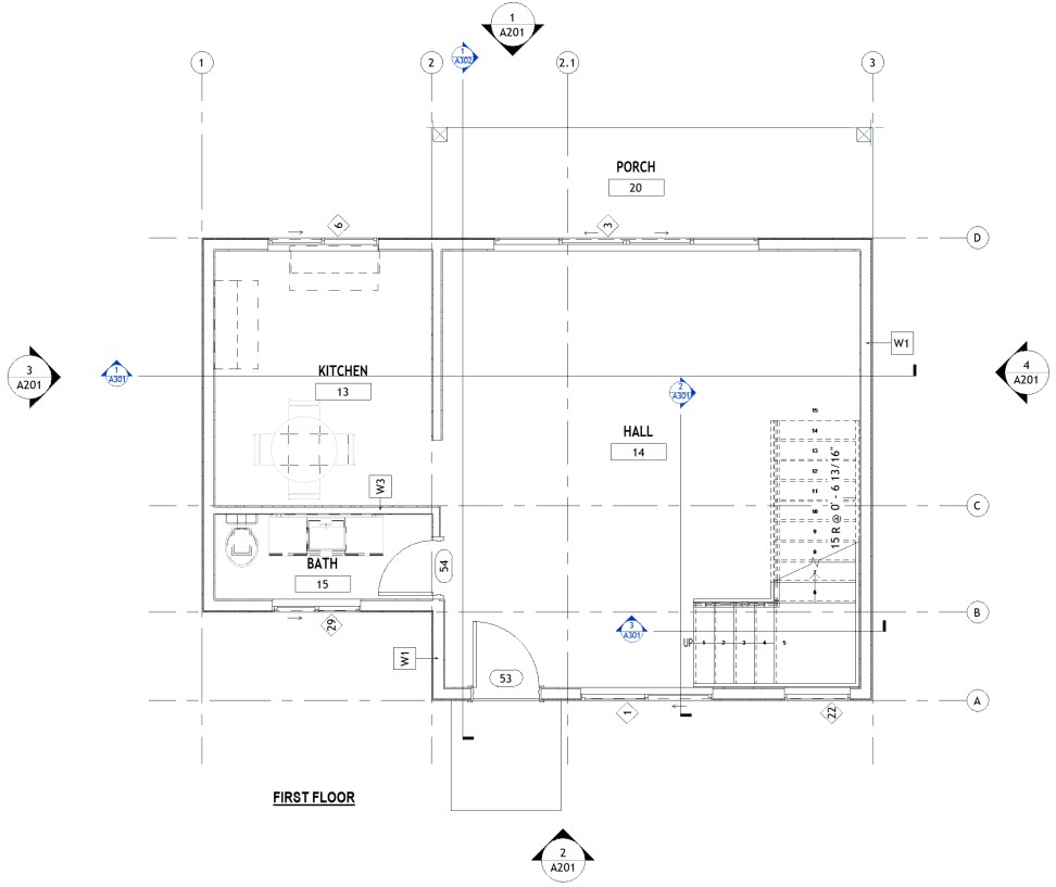 First floor plan of a 1017 sq ft 1-bedroom 2-story California ADU plan