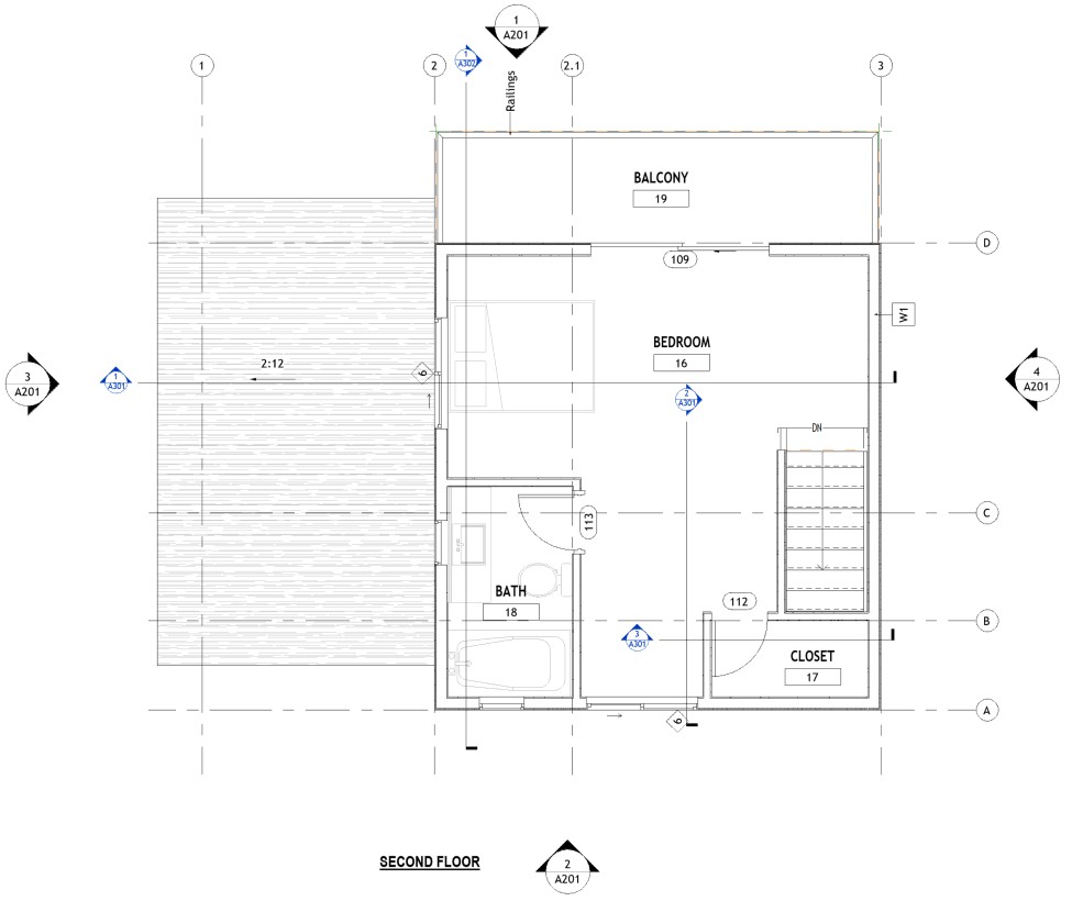Second floor plan of a 1017 sq ft 1-bedroom 2-story California ADU plan
