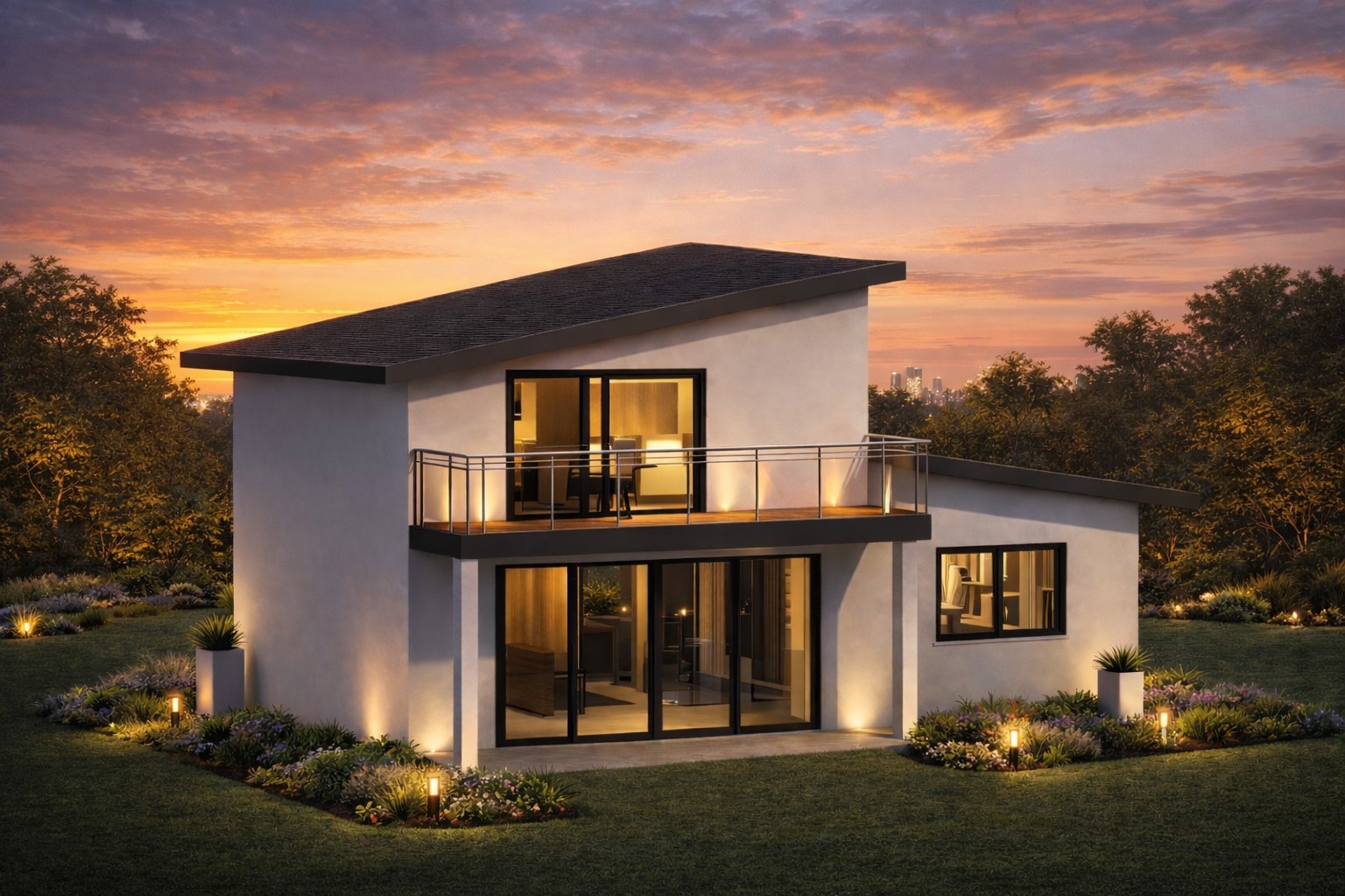 Front 3D isometric rendering of a 1017 sq ft 1-bedroom 2-story ADU plan in California