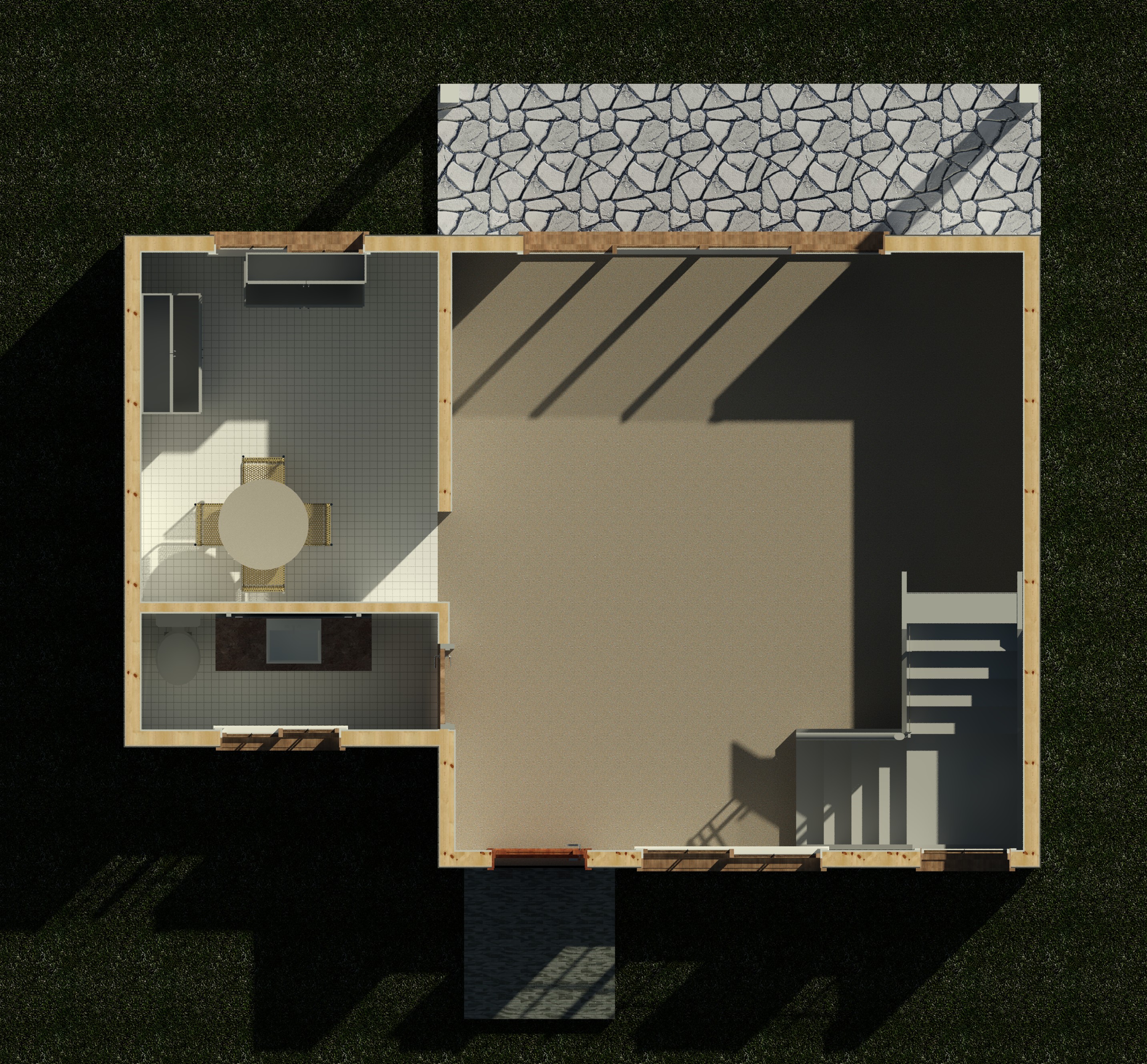 First floor interior cutaway showing wall partitions and layout of a 1017 sq ft 1-bedroom 2-story California ADU plan
