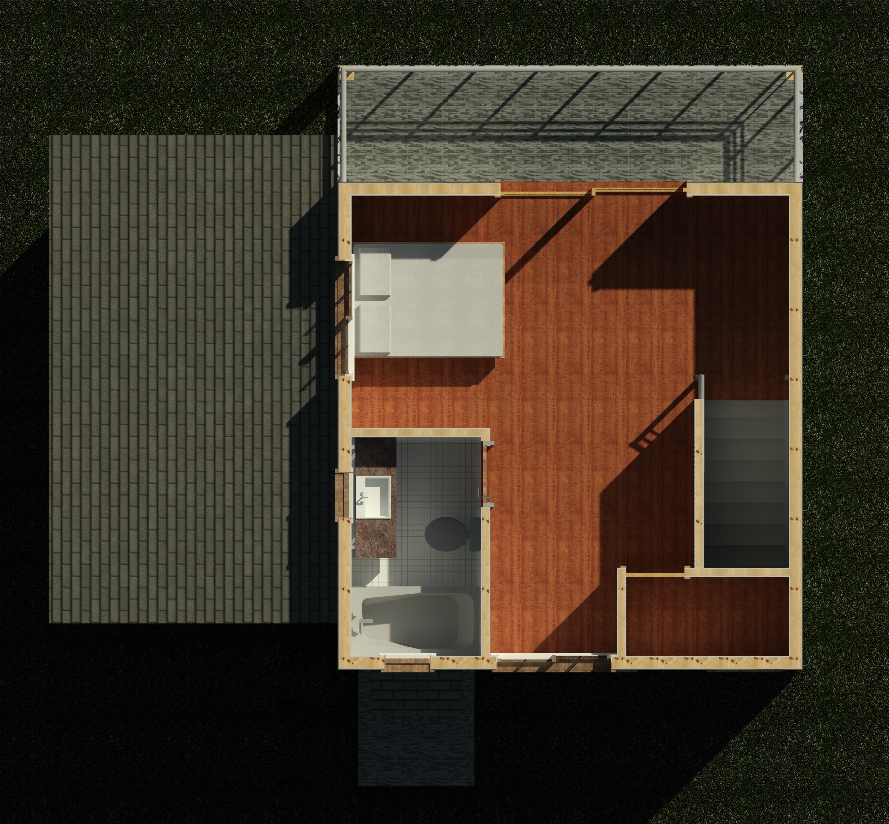 Second floor interior cutaway showing wall partitions and layout of a 1017 sq ft 1-bedroom 2-story California ADU plan