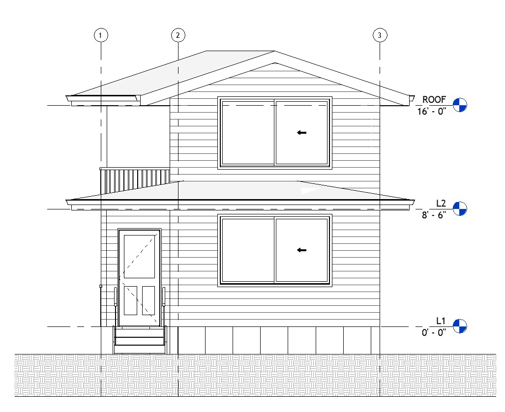 Front elevation drawing of a 821 sq ft 1-bedroom 2-story California ADU plan