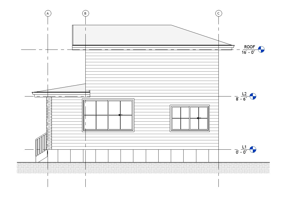Left side elevation drawing of a 821 sq ft 1-bedroom 2-story California ADU plan