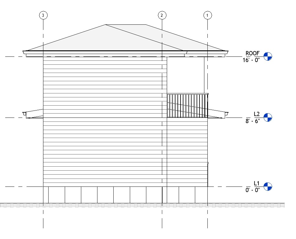Rear elevation drawing of a 821 sq ft 1-bedroom 2-story California ADU plan