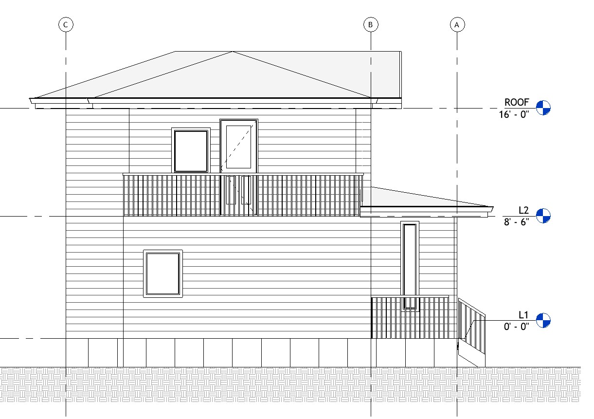 Right side elevation drawing of a 821 sq ft 1-bedroom 2-story California ADU plan