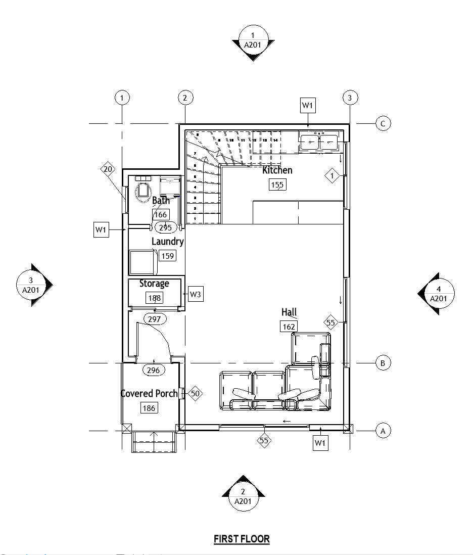 First floor plan of a 821 sq ft 1-bedroom 2-story California ADU plan