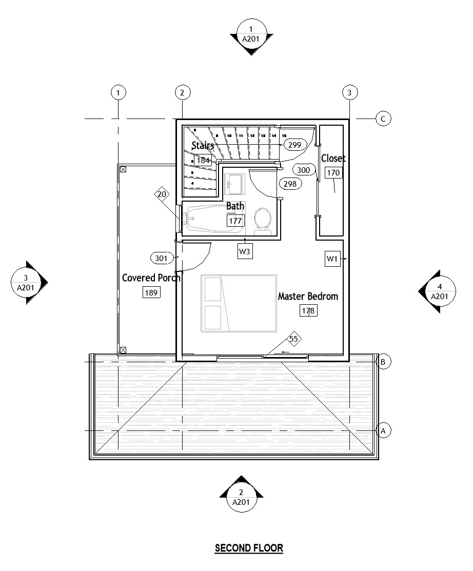 Second floor plan of a 821 sq ft 1-bedroom 2-story California ADU plan