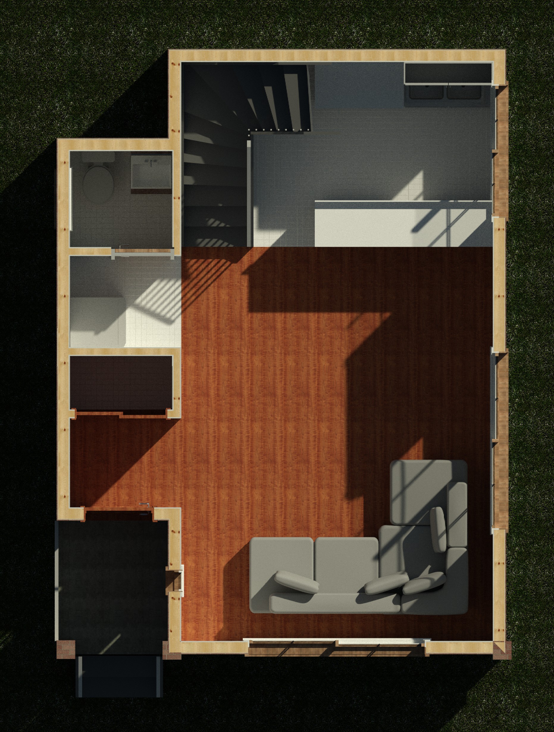 First floor interior cutaway showing wall partitions and layout of a 821 sq ft 1-bedroom 2-story California ADU plan