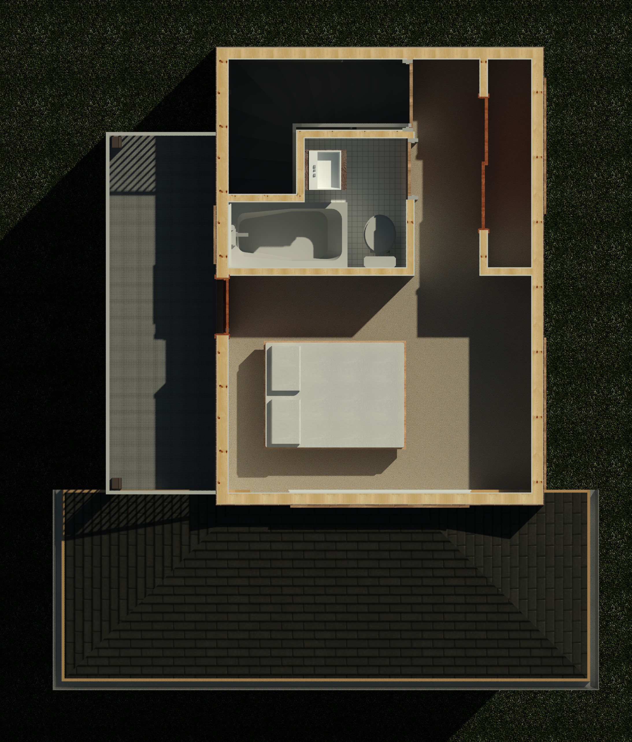 Second floor interior cutaway showing wall partitions and layout of a 821 sq ft 1-bedroom 2-story California ADU plan