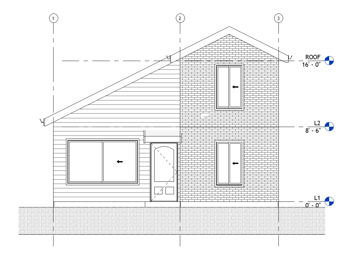 Front elevation drawing of a 834 sq ft 1-bedroom 2-story California ADU plan