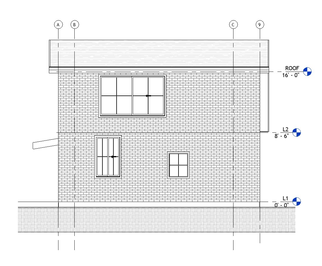 Left side elevation drawing of a 834 sq ft 1-bedroom 2-story California ADU plan