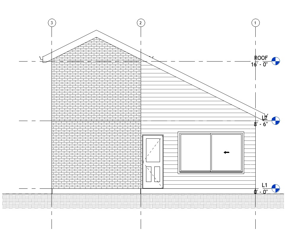 Rear elevation drawing of a 834 sq ft 1-bedroom 2-story California ADU plan