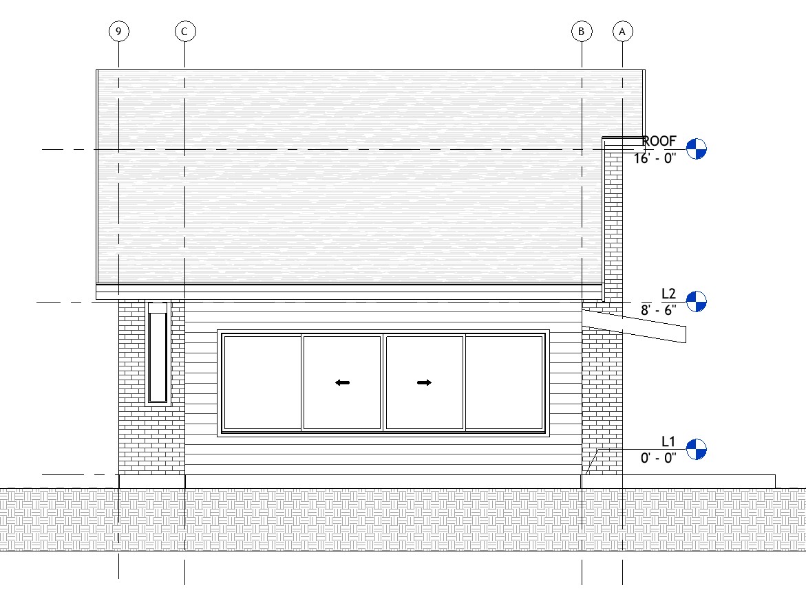 Right side elevation drawing of a 834 sq ft 1-bedroom 2-story California ADU plan