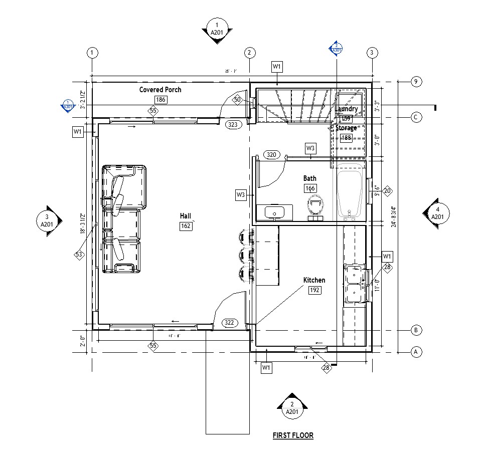 First floor plan of a 834 sq ft 1-bedroom 2-story California ADU plan