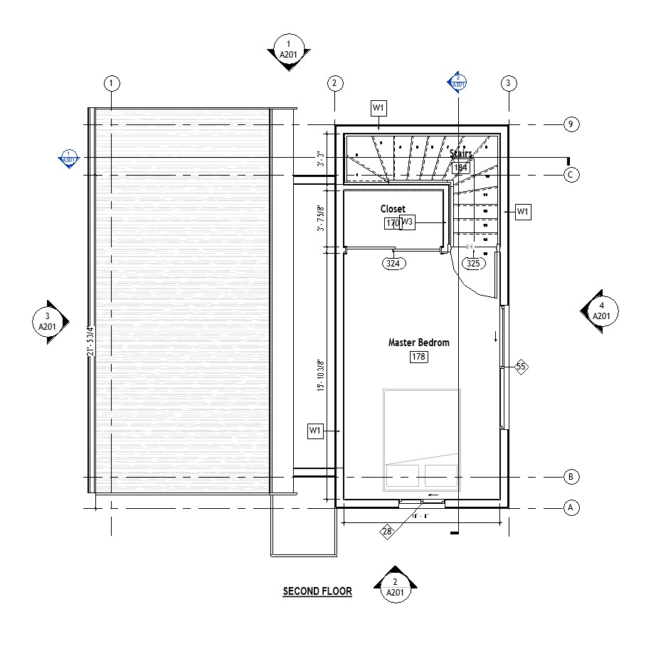 Second floor plan of a 834 sq ft 1-bedroom 2-story California ADU plan