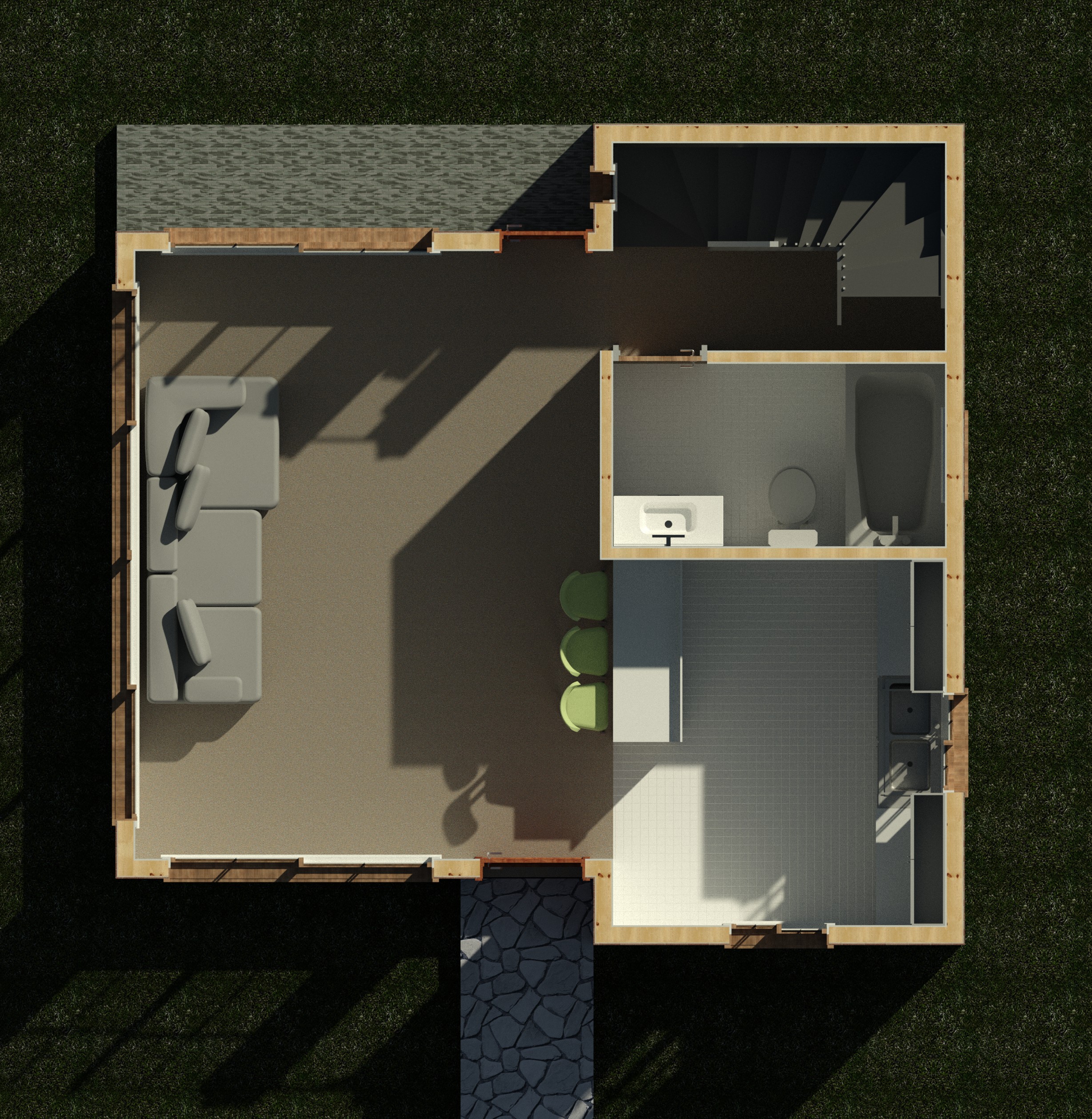 First floor interior cutaway showing wall partitions and layout of a 834 sq ft 1-bedroom 2-story California ADU plan