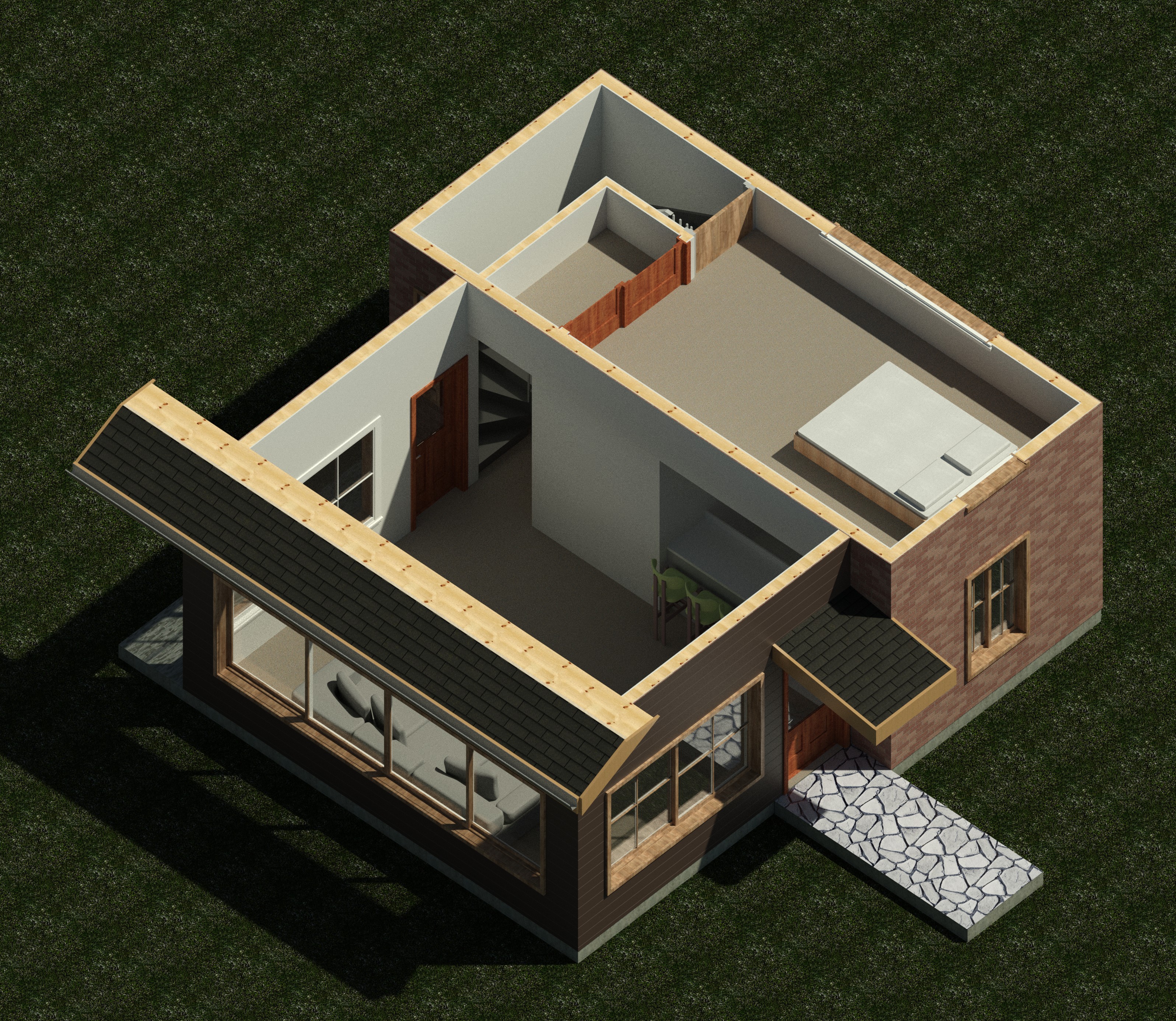 Second floor interior cutaway showing wall partitions and layout of a 834 sq ft 1-bedroom 2-story California ADU plan