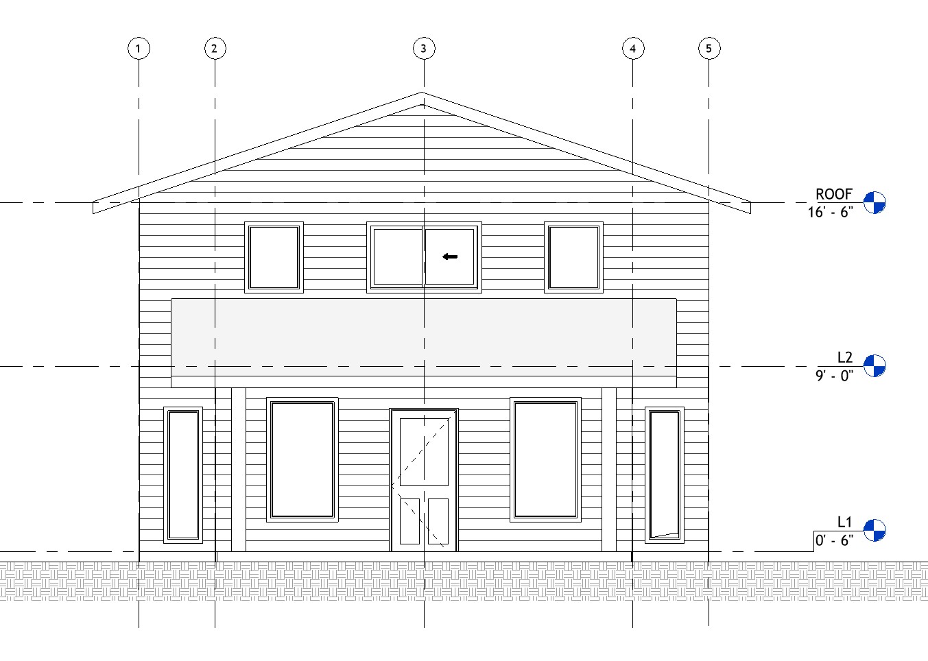 Front elevation drawing of a 890 sq ft 1-bedroom 2-story California ADU plan