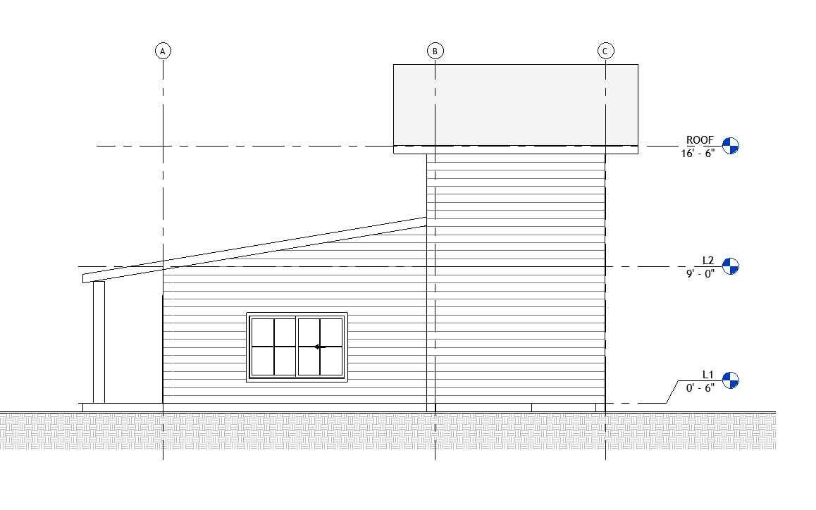 Left side elevation drawing of a 890 sq ft 1-bedroom 2-story California ADU plan