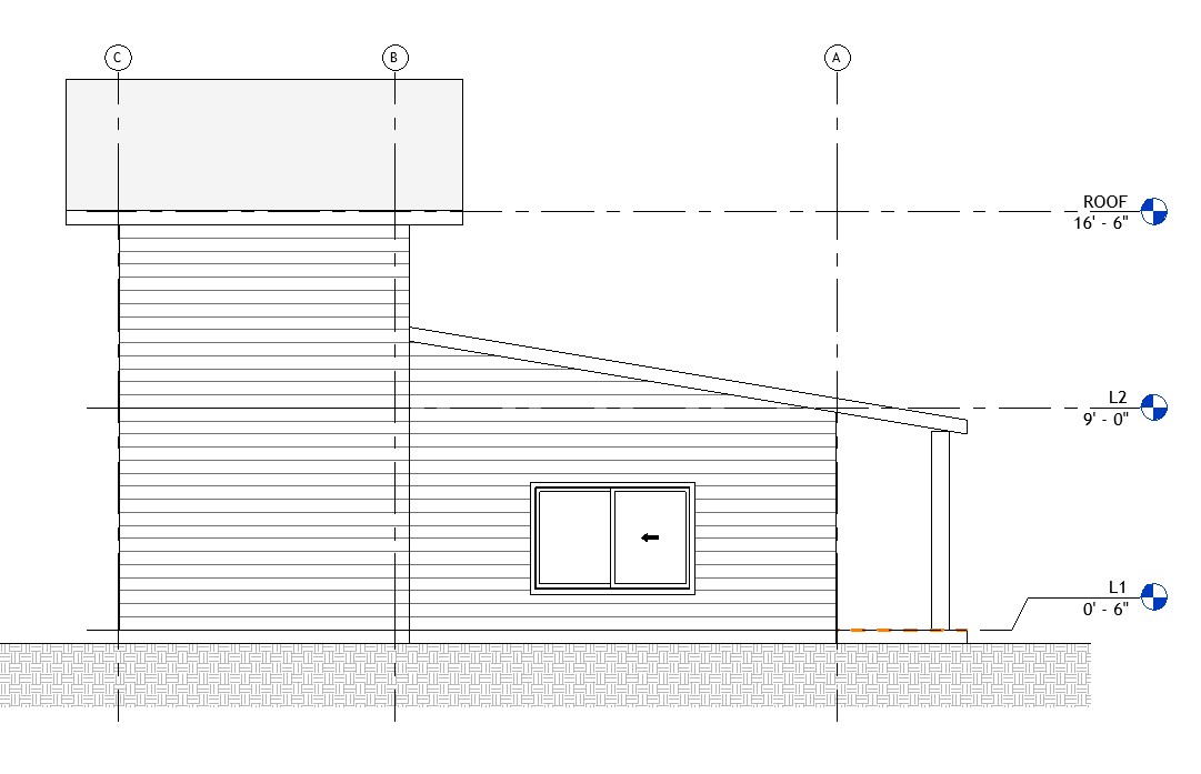 Right side elevation drawing of a 890 sq ft 1-bedroom 2-story California ADU plan