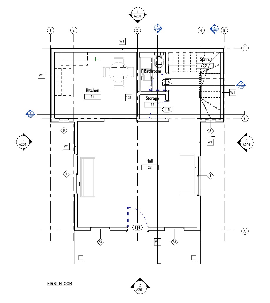 First floor plan of a 890 sq ft 1-bedroom 2-story California ADU plan