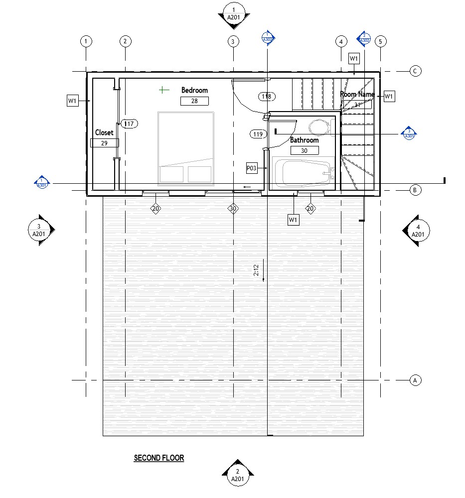 Second floor plan of a 890 sq ft 1-bedroom 2-story California ADU plan