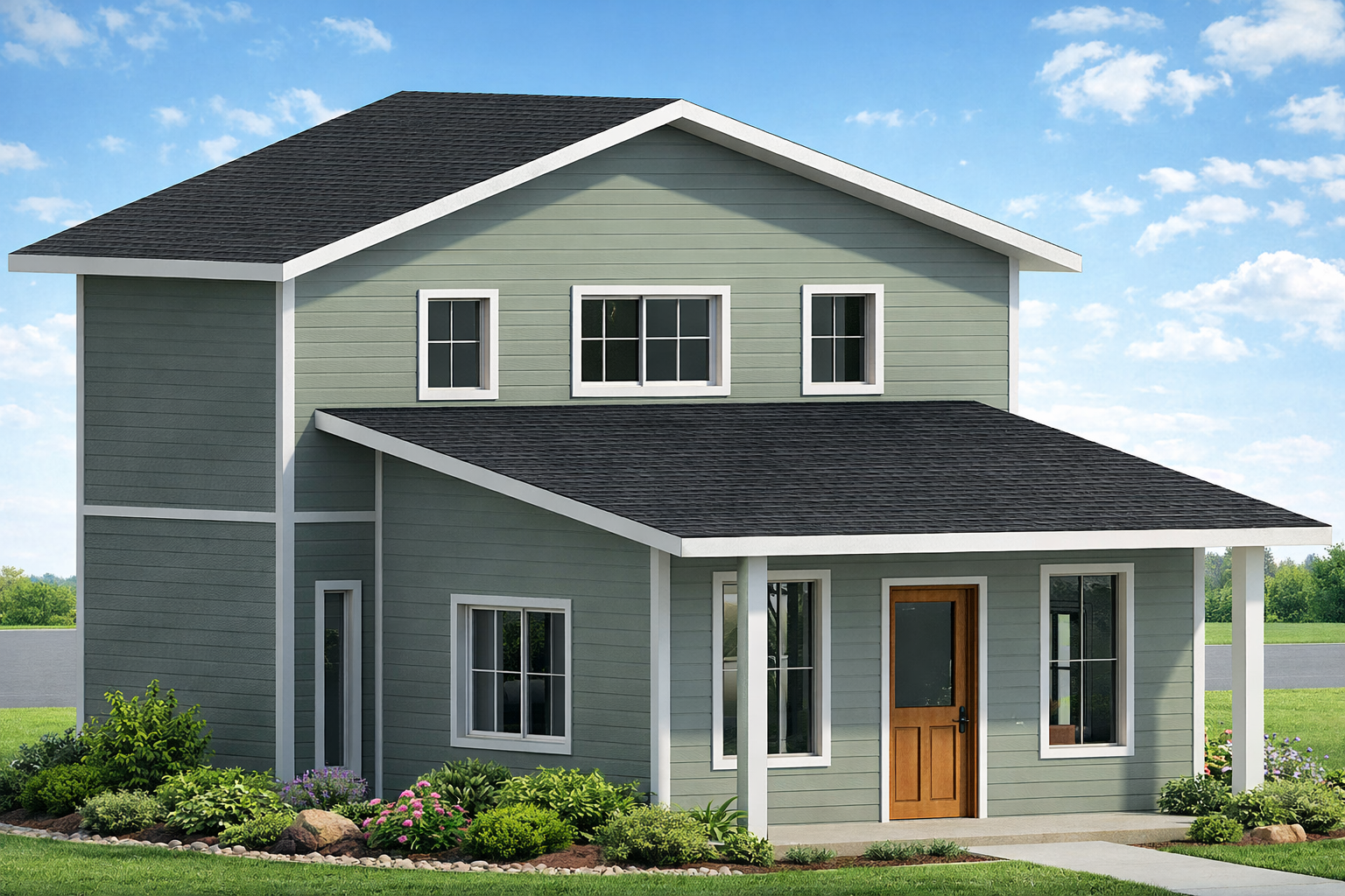 Front 3D isometric rendering of a 890 sq ft 1-bedroom 2-story ADU plan in California