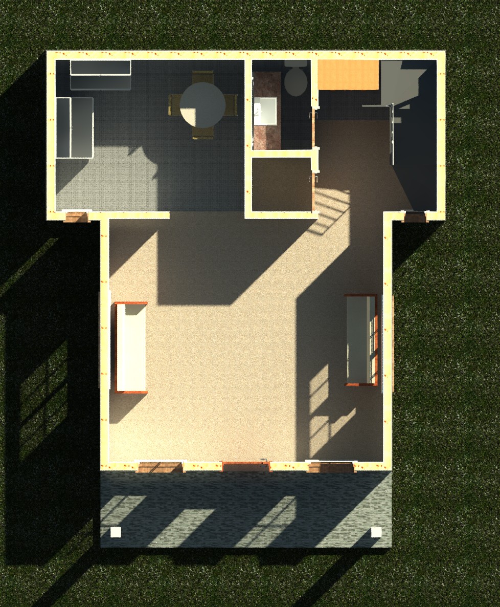 First floor interior cutaway showing wall partitions and layout of a 890 sq ft 1-bedroom 2-story California ADU plan
