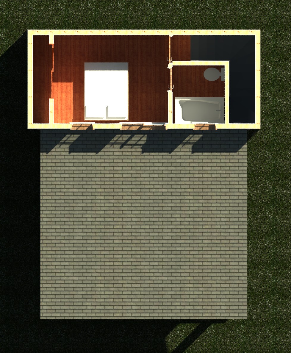 Second floor interior cutaway showing wall partitions and layout of a 890 sq ft 1-bedroom 2-story California ADU plan