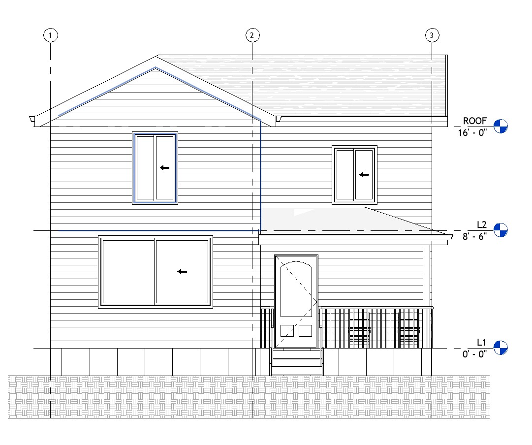 Front elevation drawing of a 1008 sq ft 2-bedroom 2-story California ADU plan