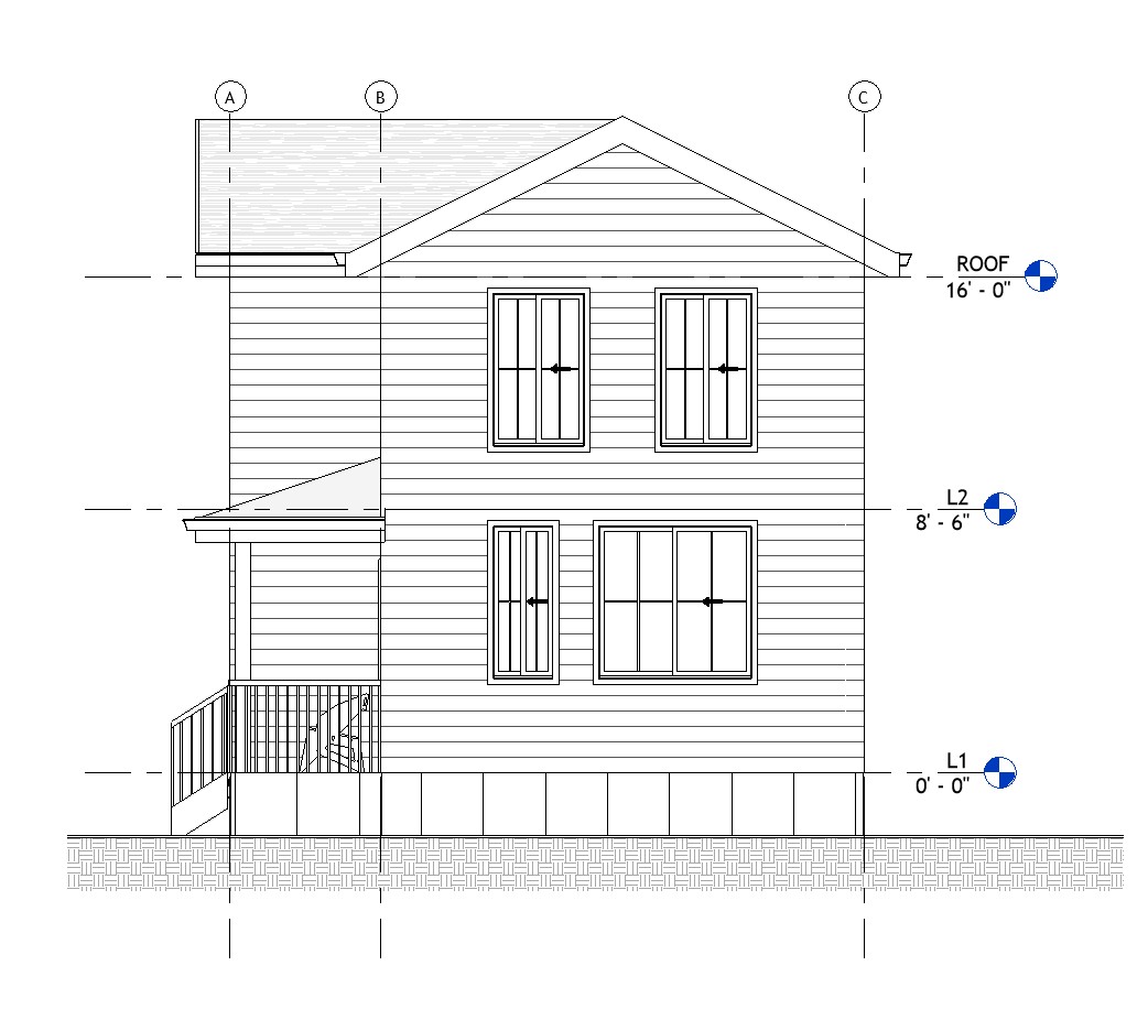 Left side elevation drawing of a 1008 sq ft 2-bedroom 2-story California ADU plan