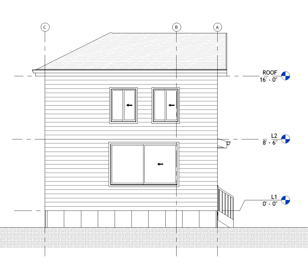 Right side elevation drawing of a 1008 sq ft 2-bedroom 2-story California ADU plan
