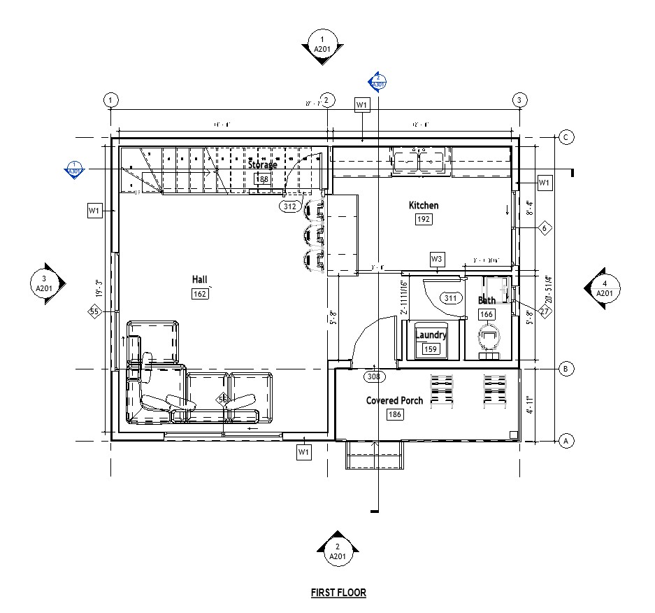 First floor plan of a 1008 sq ft 2-bedroom 2-story California ADU plan