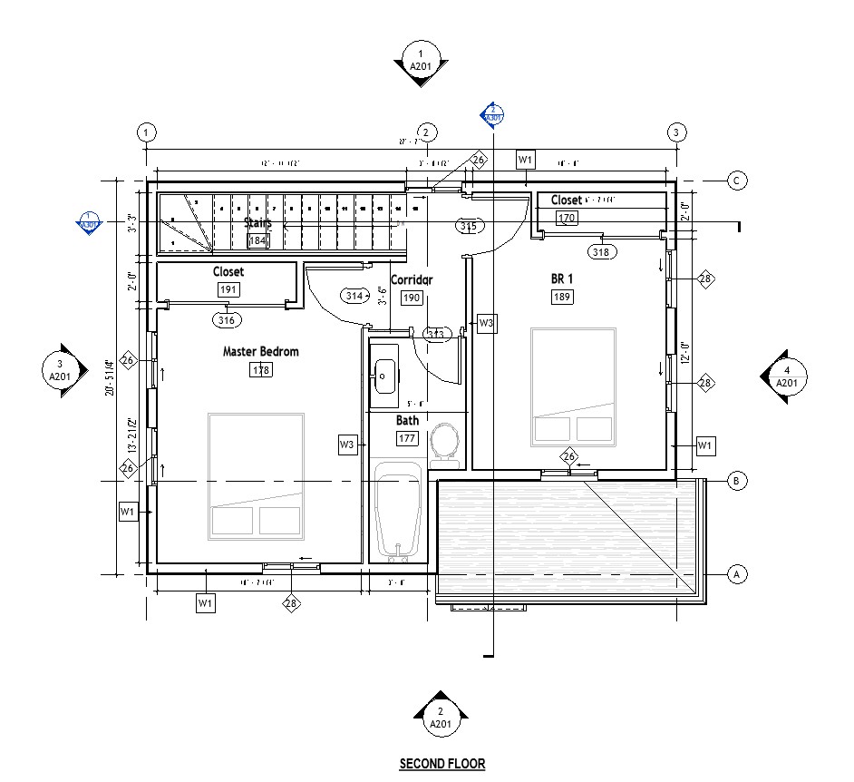 Second floor plan of a 1008 sq ft 2-bedroom 2-story California ADU plan