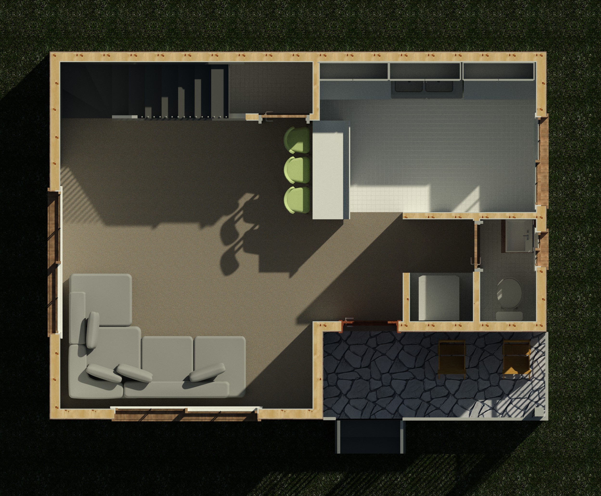 First floor interior cutaway showing wall partitions and layout of a 1008 sq ft 2-bedroom 2-story California ADU plan